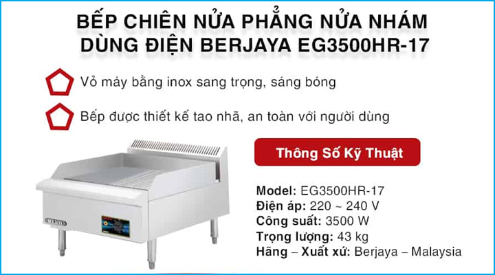 Bếp chiên nửa phẳng nửa nhám Berjaya EG3500HR-17