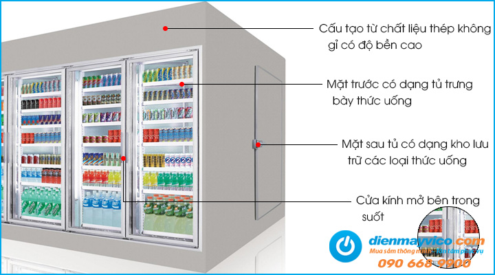 Tủ mát trưng bày nước giải khát OPO W6D1-DS có thiết kế tích hợp giữa mặt tủ trưng bày cửa kính và kho trữ mát thực phẩm