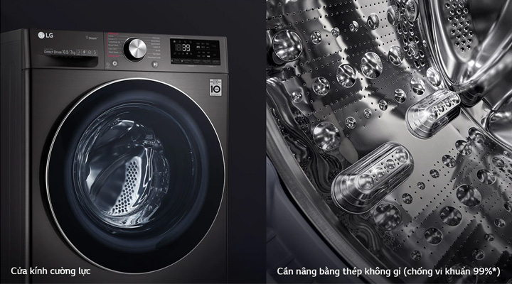 Máy giặt LG FV1450S2B có cửa kính cường lực và cần nâng bằng thép không gỉ