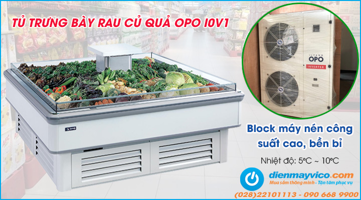 Tủ mát trưng bày rau củ quả OPO I0V1 có hệ thống làm lạnh nhanh sâu và ổn định, tạo môi trường bảo quản thực phẩm tối ưu