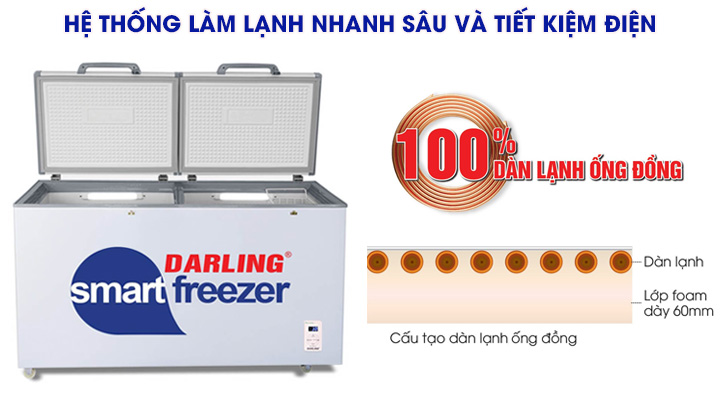 Tủ đông mát Darling DMF-3699W-2 có hệ thống làm lạnh bằng ống đồng, làm lạnh nhanh sâu