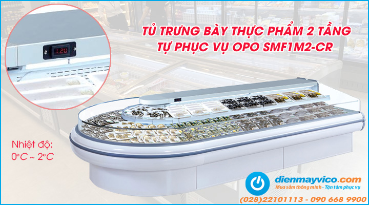 Mẫu tủ trưng bày thực phẩm 2 tầng loại góc bo tròn OPO SMF1M2-CR