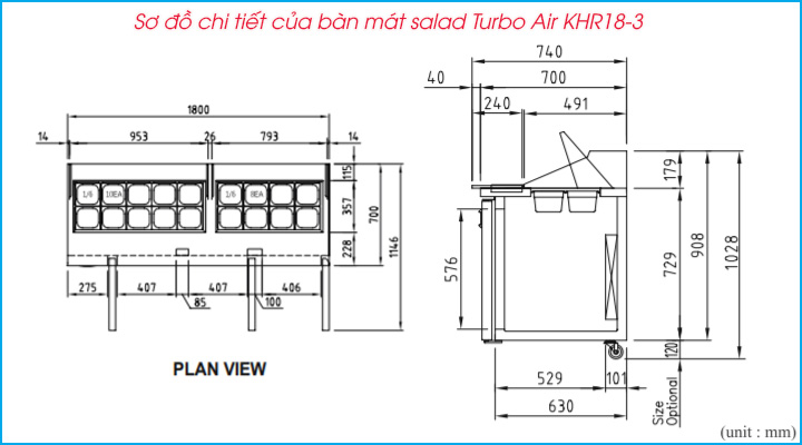 Sơ đồ chi tiết của bàn mát salad Turbo Air KHR18-3 1m8