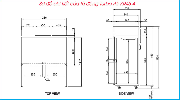 Sơ đồ chi tiết của tủ đông 4 cánh Turbo Air KF45-4