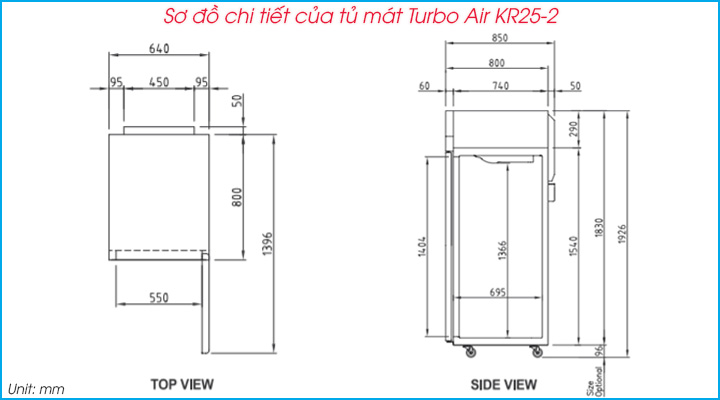 Sơ đồ chi tiết của tủ mát 2 cánh Turbo Air KR25-2