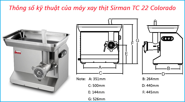 Thông số kỹ thuật của máy xay thịt Sirman Sirman TC 22 Colorado