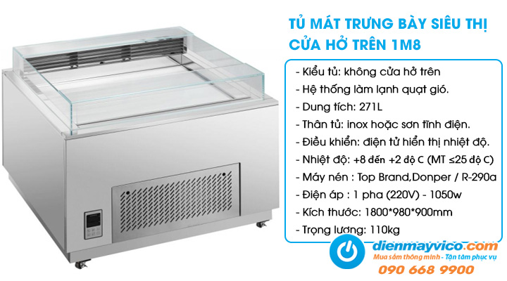 Tủ mát trưng bày siêu thị cửa hở trên Snow Village 1m8