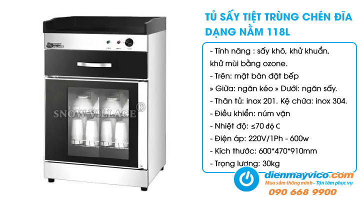Tủ sấy tiệt trùng chén đĩa dạng nằm Snow Village 118L