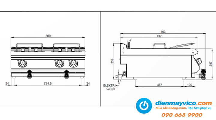 Bản vẽ Bếp chiên nhúng đôi điện Inoksan INO-7FE20S