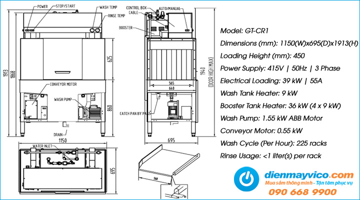 Bản vẽ kỹ thuật Máy rửa chén băng chuyền G-TEK GT-CR1