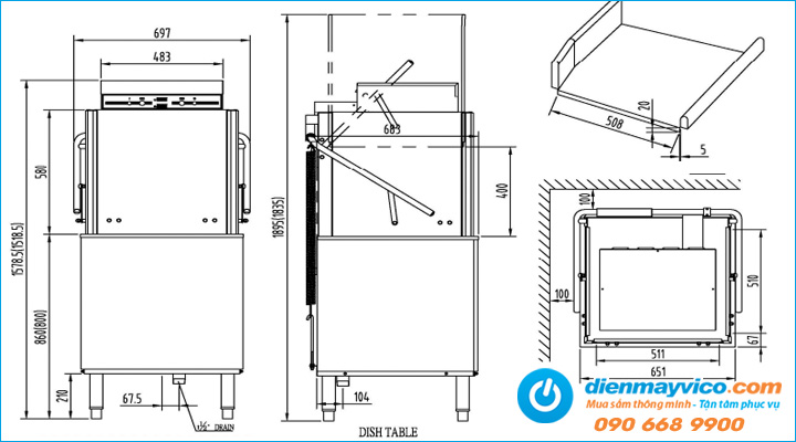 Bản vẽ kỹ thuật Máy rửa chén công nghiệp G-TEK GT-D1M/TC/RB