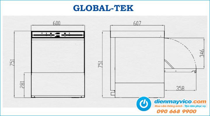 Bản vẽ kỹ thuật Máy rửa ly chén để quầy G-TEK GT-U1M