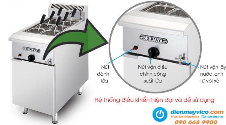 Bảng điều khiển của máy luộc mì Berjaya GPB6BFS-17 dùng gas