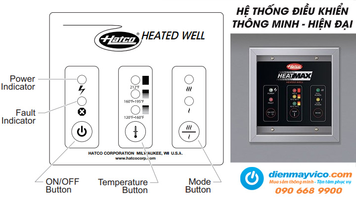 Bếp giữ nóng thực phẩm bằng hơi nước âm bàn Hatco RCTHW-1B trang bị bảng điều khiển kết nối từ xa