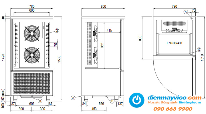 Bảng vẽ kỹ thuật Tủ cấp đông nhanh Coldline Modi W10AE