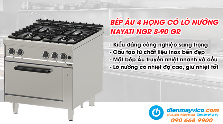 Bếp Âu 4 họng có lò nướng Nayati NGR 8-90 GR có thiết kế bền bỉ, sang trọng