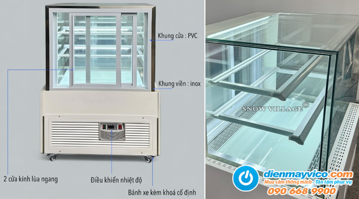 Chi tiết sản phẩm Tủ bánh kem kính vuông không viền 3 tầng Snow Village 0.9m