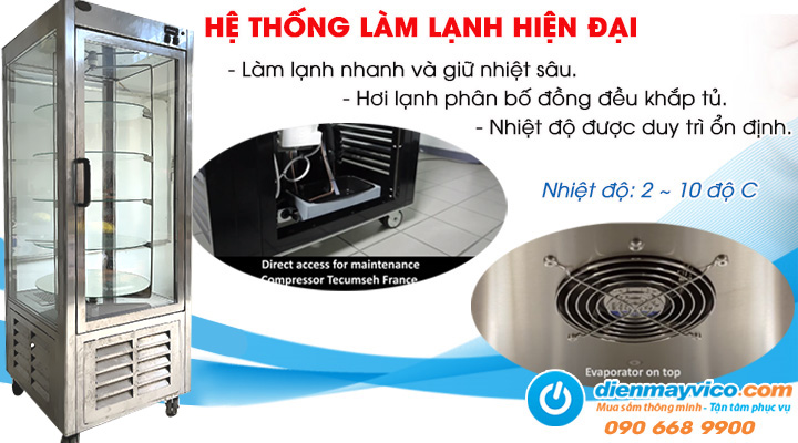 Chức năng của Thanh lý tủ mát trưng bày bánh 4 mặt kính kệ xoay Roller Grill