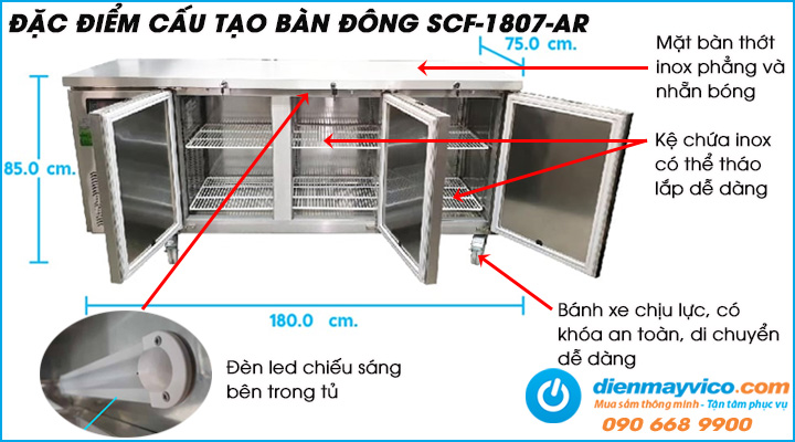 Đặc điểm cấu tạo của bàn đông 3 cánh inox Sanden Intercool SCF3-1807-AR 1m8