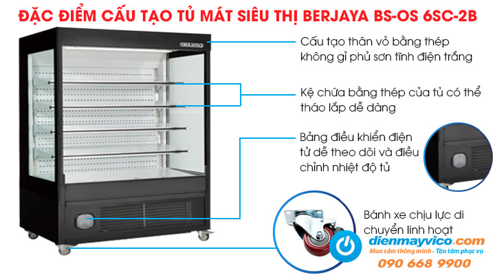 Đặc điểm cấu tạo của tủ mát siêu thị Berjaya BS-OS 6SC-2B 1m8