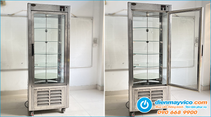 Hình ảnh thực tế Thanh lý tủ mát trưng bày bánh 4 mặt kính kệ xoay Roller Grill