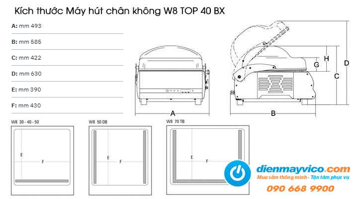 Kích thước Máy hút chân không Sirman W8 TOP 40 BX