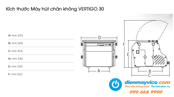 Kích thước Máy hút chân không loại chiều dọc Sirman VERTIGO 30