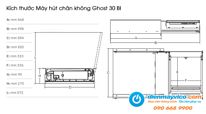 Kích thước Máy hút chân không loại ngăn kéo Sirman Ghost 30 BI