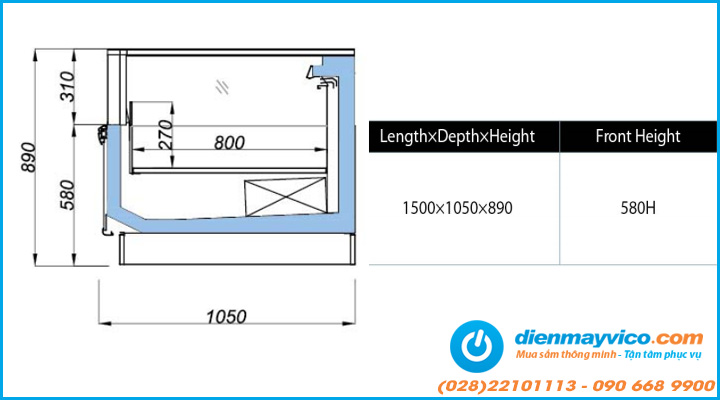 Kích thước Tủ đông trưng bày siêu thị OPO POG1-CD
