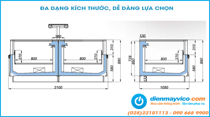 Kích thước Tủ đông OPO POG1-06S/08S/10S/12S/CW