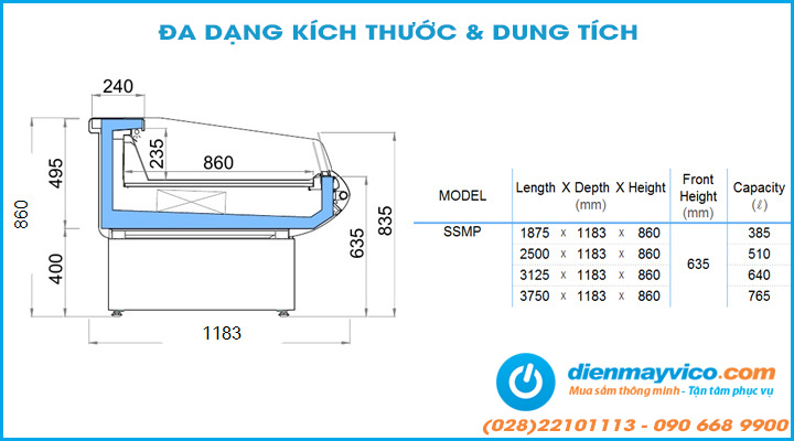 Kích thước Tủ mát trưng bày OPO SSMR