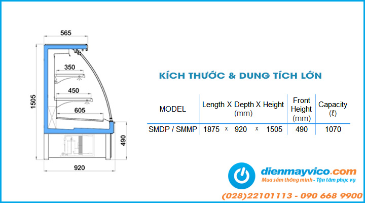 Kích thước Tủ mát trưng bày siêu thị OPO SMDP