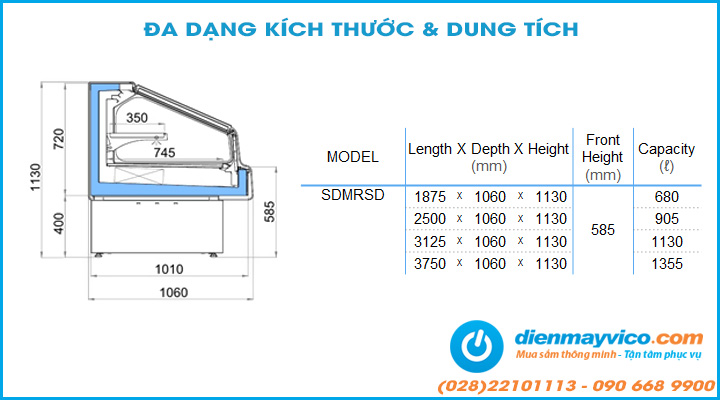 Kích thước Tủ mát trưng bày thịt nguội OPO SDMRSD