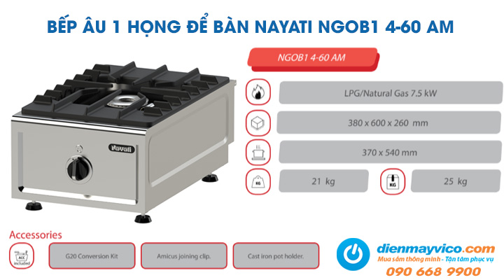 Tổng quan về bếp Âu 1 họng để bàn Nayati NGOB1 4-60 AM