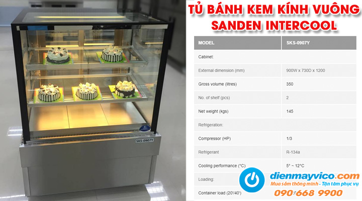 Mẫu tủ bánh kem kính vuông 3 tầng Sanden Intercool SKS-0907Y 0.9