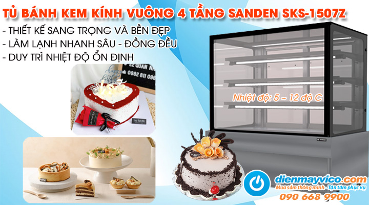Mẫu tủ bánh kem kính vuông 4 tầng Sanden Intercool SKS-1507Z 1m5