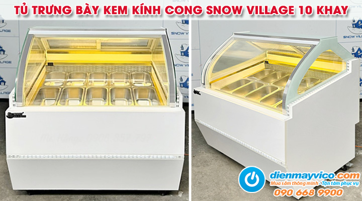 Mẫu tủ đông trưng bày kem kính cong Snow Village 10 khay