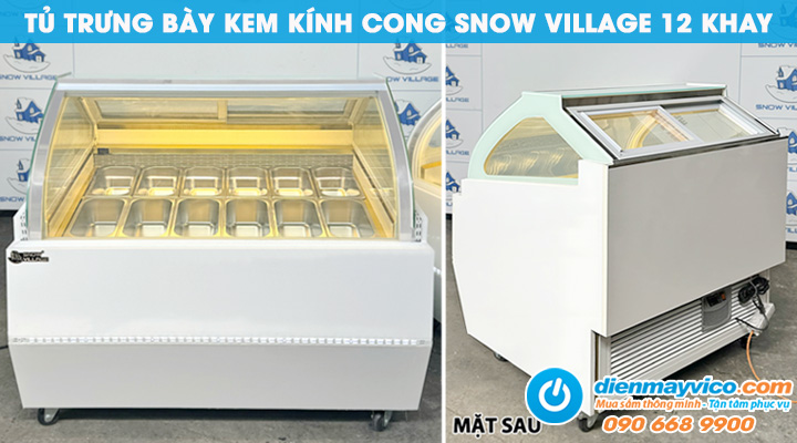 Mẫu tủ đông trưng bày kem kính cong Snow Village 12 khay