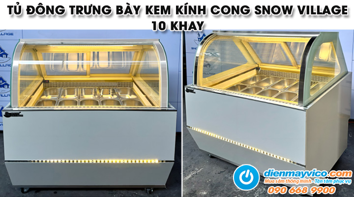 Mẫu tủ đông trưng bày kem kính cong Snow Village 10 khay