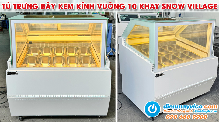 Mẫu tủ đông trưng bày kem kính vuông Snow Village 10 khay