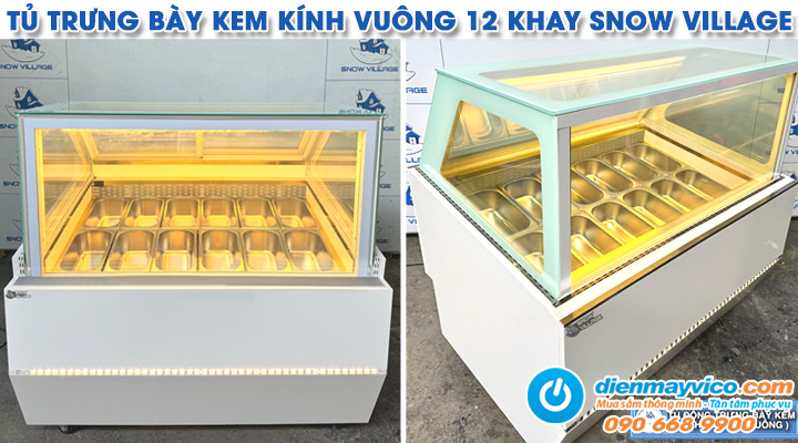 Mẫu tủ đông trưng bày kem kính vuông Snow Village 12 khay