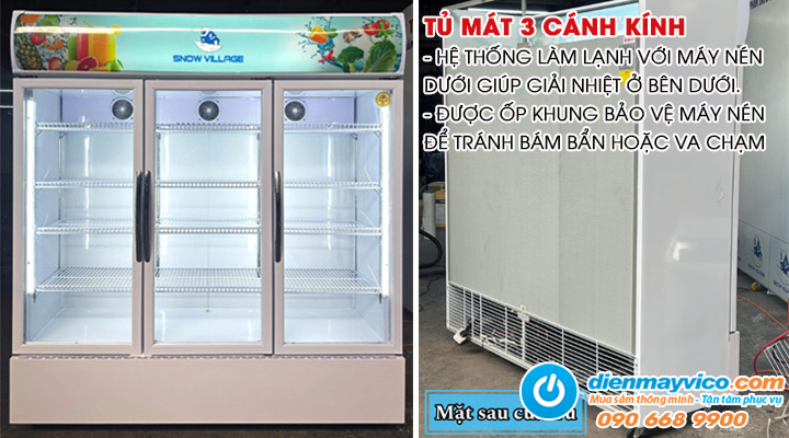 Mẫu tủ mát 3 cánh kính máy nén dưới Snow Village 1260L