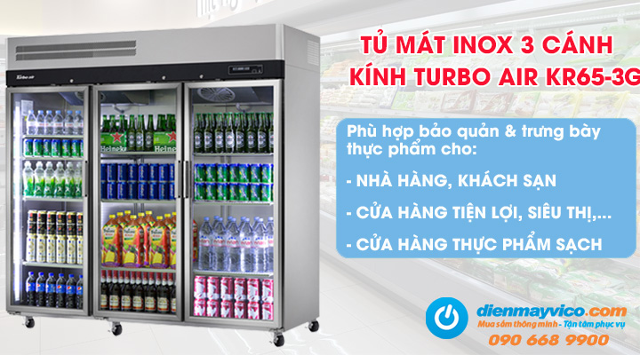 Mẫu tủ mát inox 3 cánh kính Turbo Air KR65-3G