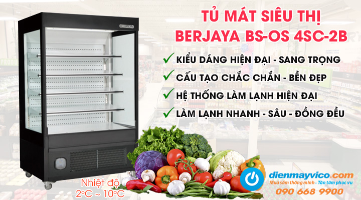 Tủ mát siêu thị 1m2 Berjaya BS-OS 4SC-2B có thiết kế bền đẹp cùng hệ thống làm lạnh hiện đại