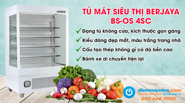 Mẫu tủ mát siêu thị 1m2 Berjaya BS-OS 4SC có thiết kế bền đẹp màu trắng trang nhã