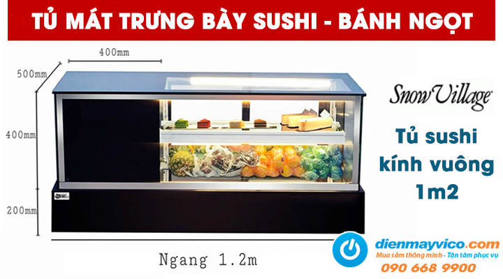 Mẫu tủ mát trưng bày Sushi kính vuông Snow Village 1m2