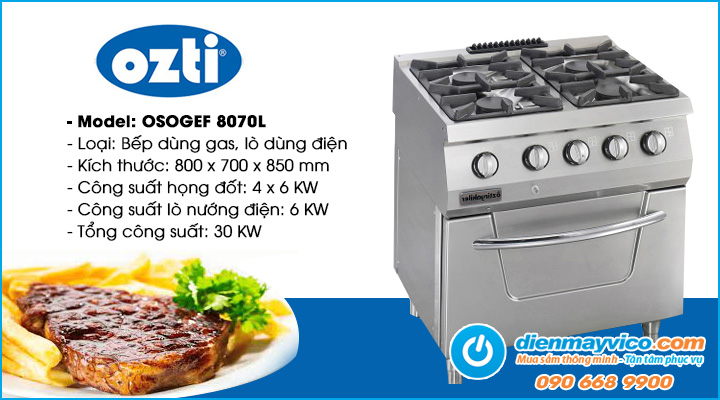 Mô tả Bếp âu 4 họng có lò nướng Ozti OSOGEF 8070L