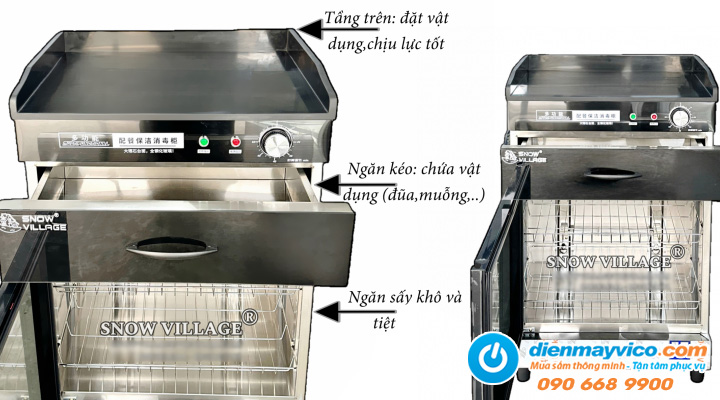 Mô tả đặc điểm Tủ sấy tiệt trùng chén đĩa dạng nằm Snow Village 118L