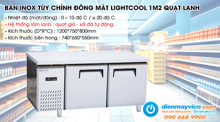 Bàn inox tùy chỉnh đông mát Lightcool 216L 1m2 Quạt lạnh