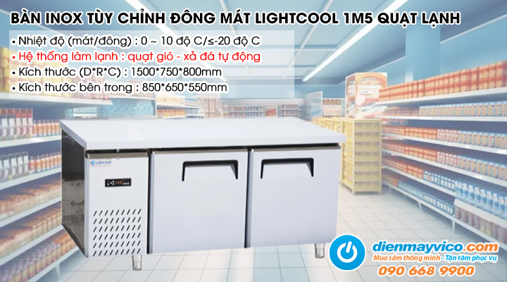 Bàn inox tùy chỉnh đông mát Lightcool 294L 1m5 Quạt lạnh